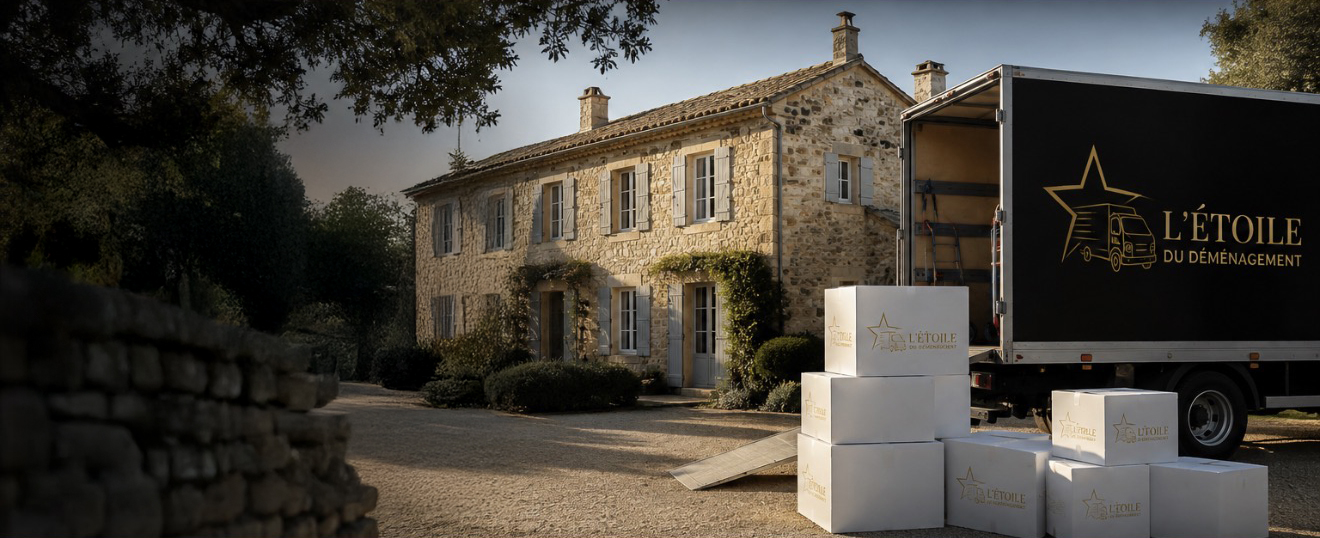 Camion etoile et cartons devant maison en pierre, déménagement tranquille à la campagne dans le tarn