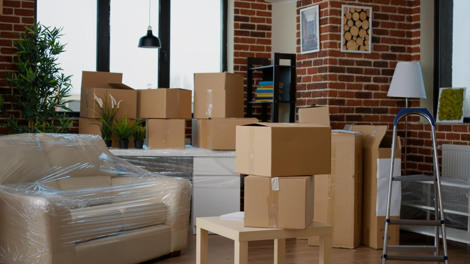Salon en cartons de déménagement avec canapé protégé, service etoile pour déménagement moderne dans le tarn